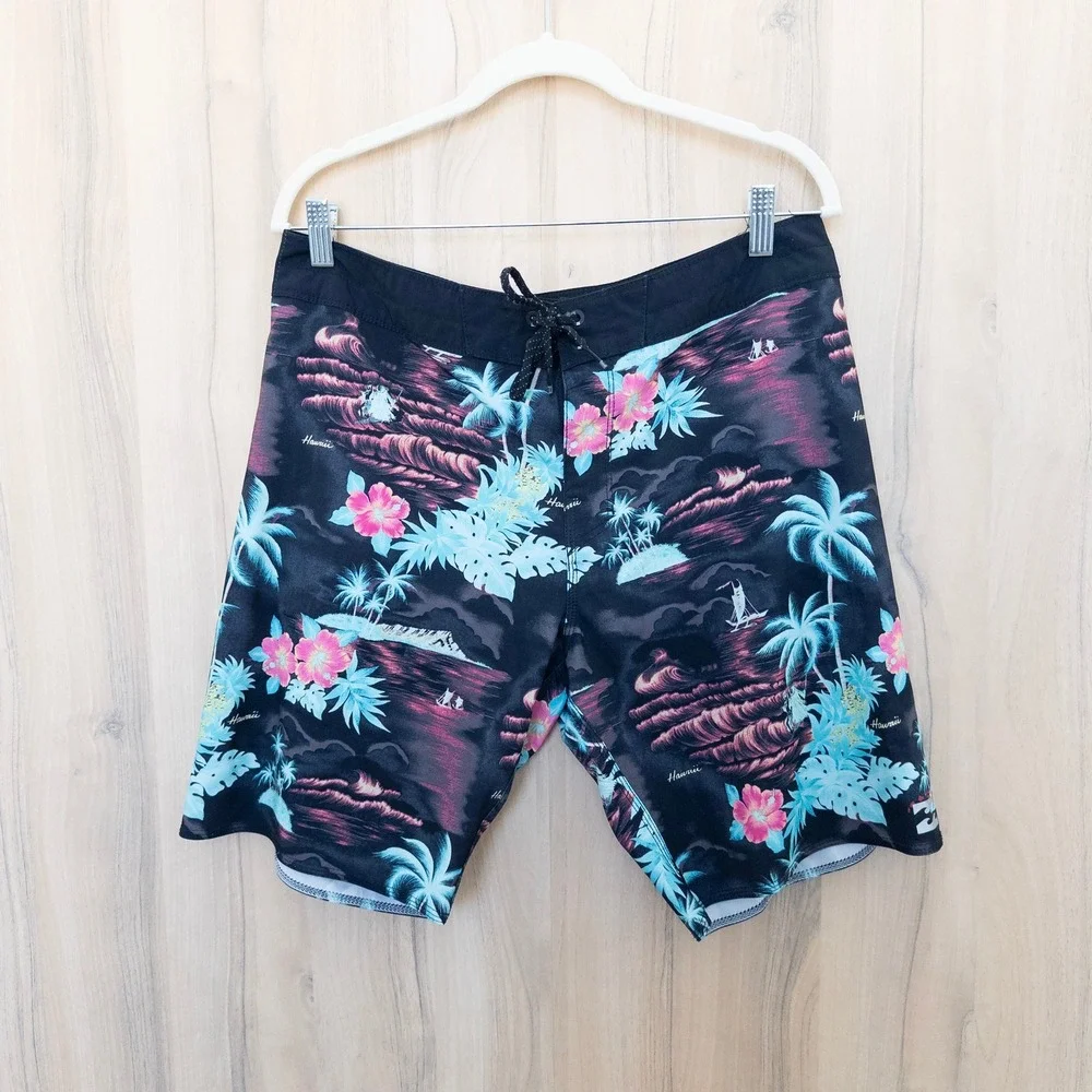 Billabong Mens Board Shorts 33 Black Tropical Floral Palm Tree Recycler Surf